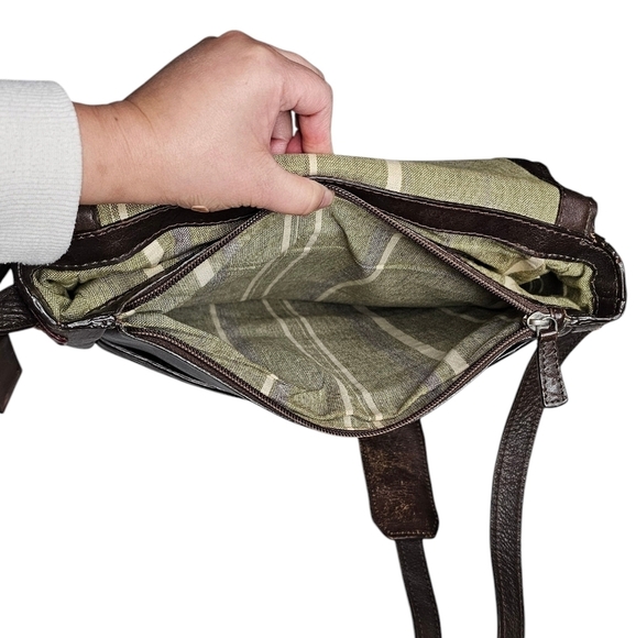 Aged Dark Brown Leather Messenger Bag Green Striped Cloth Lining Tons of Pockets - Picture 6 of 16